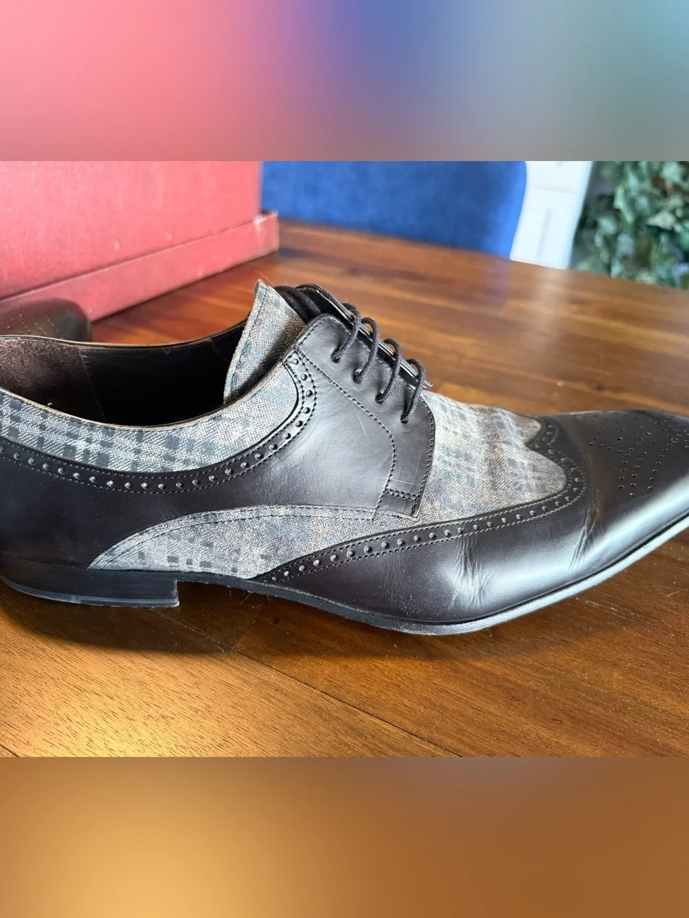 Mezlan Men's Spectator Oxfords Size 15 M Black Grey Wingtip Plaid Fabric 16072-1